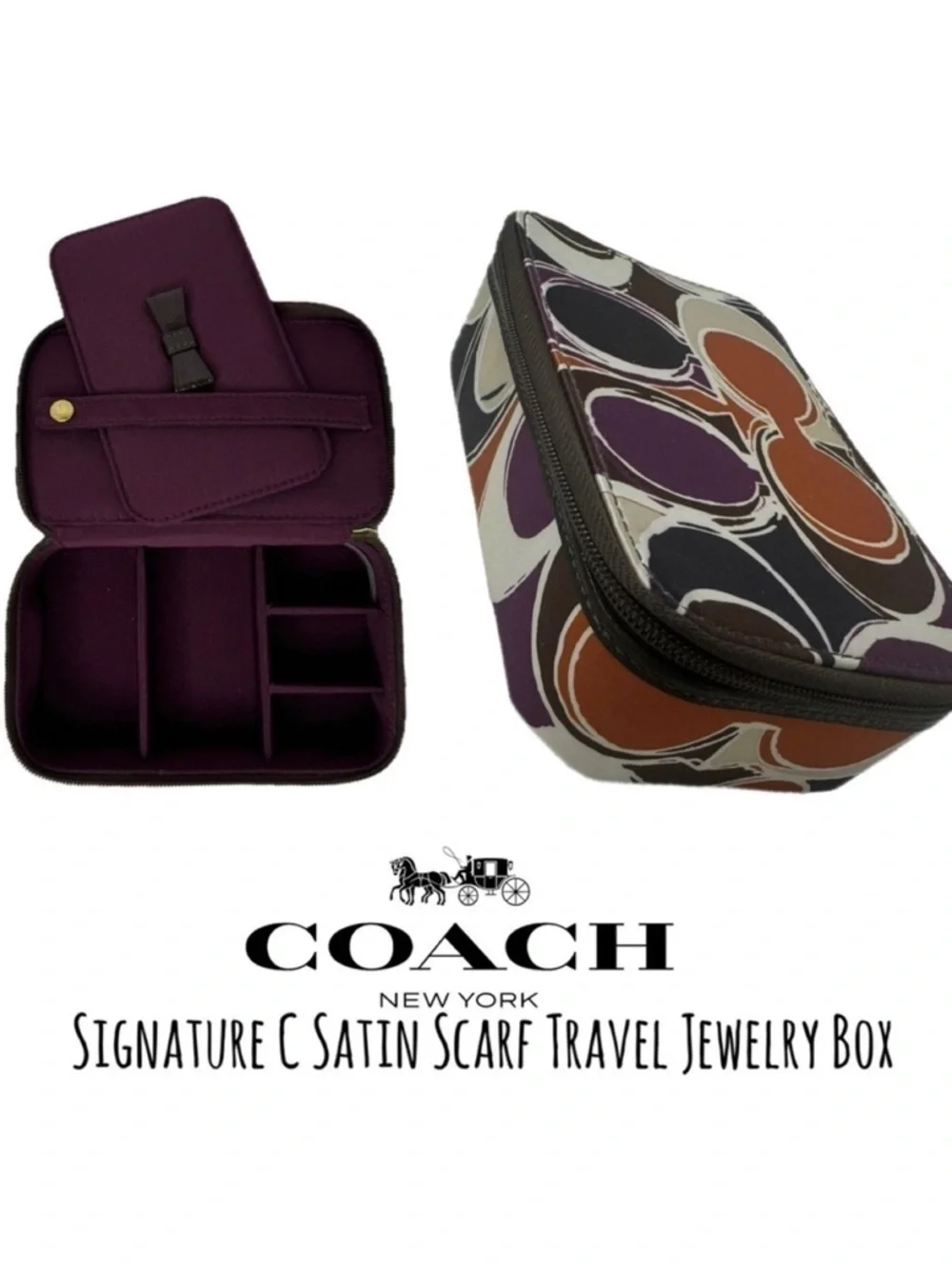 Coach Ashley Travel Jewelry Box Satin Silk Scarf Material Purple Optic  C 60990